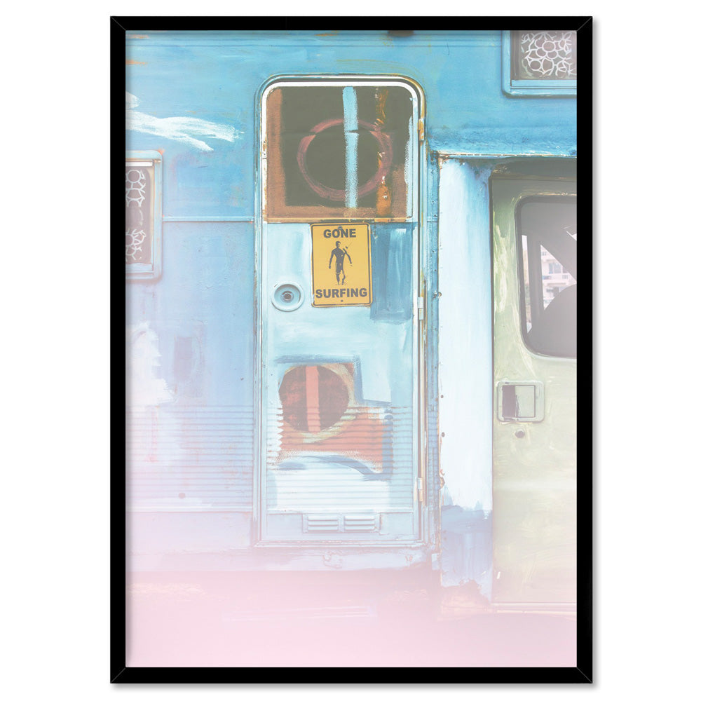 California Pastels / Gone Surfing - Art Print, Poster, Stretched Canvas, or Framed Wall Art Print, shown in a black frame