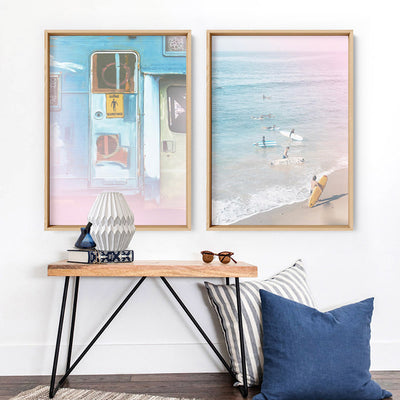 California Pastels / Gone Surfing - Art Print, Poster, Stretched Canvas or Framed Wall Art, shown framed in a home interior space