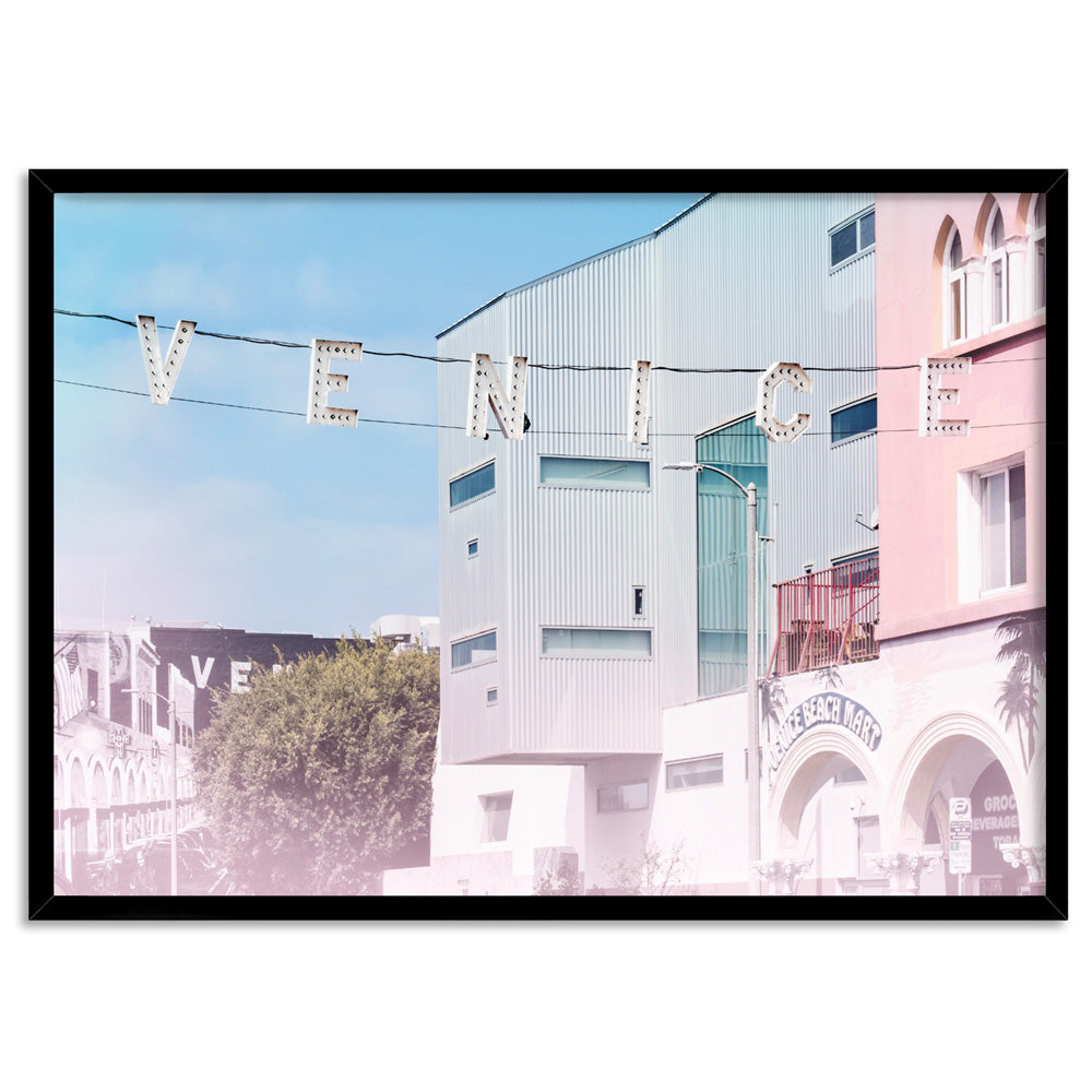California Pastels / Venice Beach Sign - Art Print, Poster, Stretched Canvas, or Framed Wall Art Print, shown in a black frame