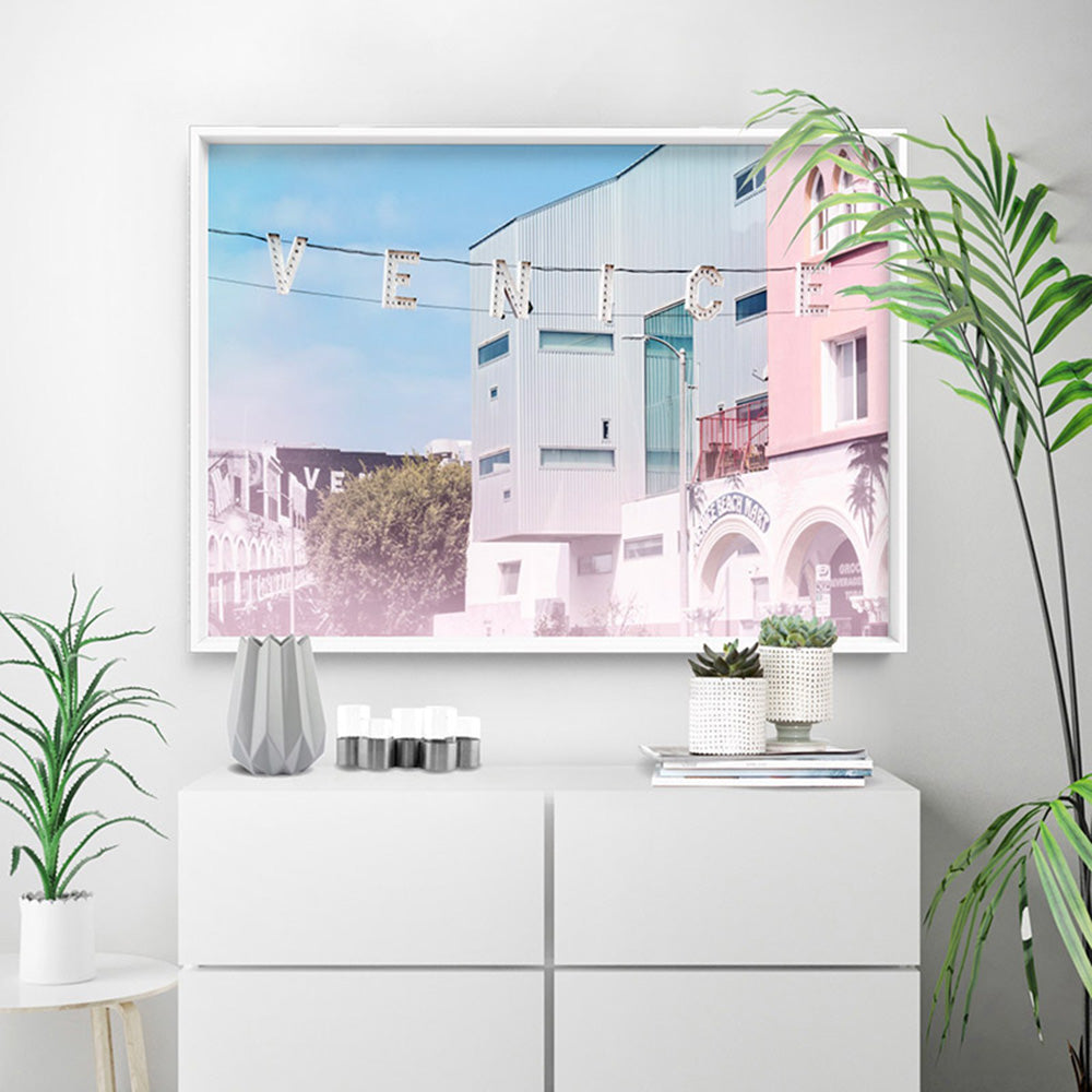 California Pastels / Venice Beach Sign - Art Print, Poster, Stretched Canvas or Framed Wall Art, shown framed in a room