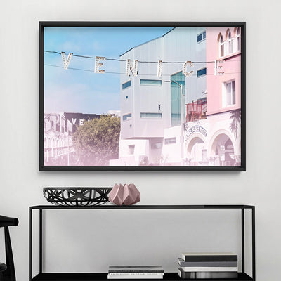 California Pastels / Venice Beach Sign - Art Print, Poster, Stretched Canvas or Framed Wall Art, shown framed in a home interior space