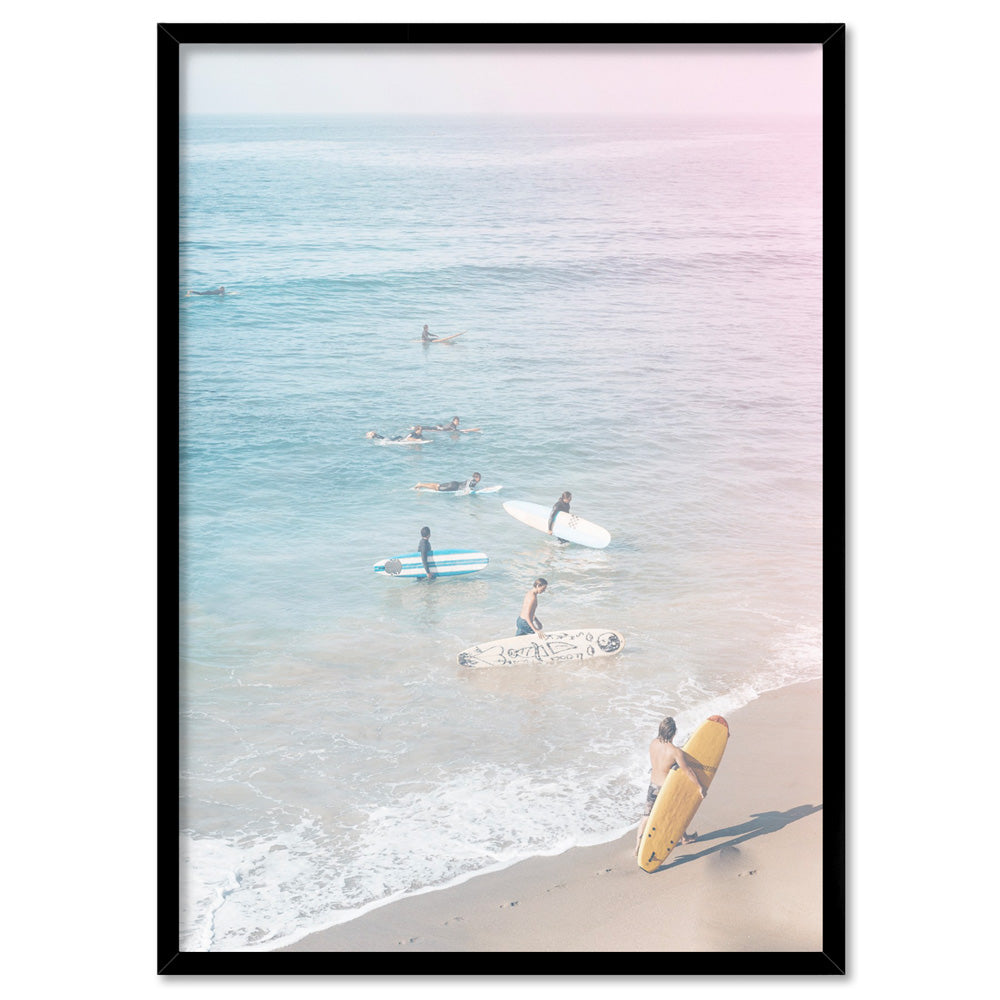 California Pastels / Into the Surf - Art Print, Poster, Stretched Canvas, or Framed Wall Art Print, shown in a black frame