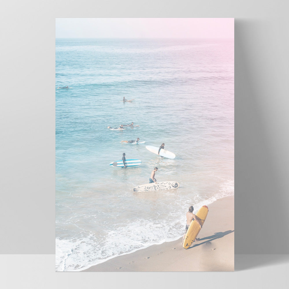 California Pastels / Into the Surf - Art Print, Poster, Stretched Canvas, or Framed Wall Art Print, shown as a stretched canvas or poster without a frame