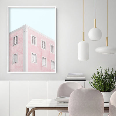 Palm Springs Pastels / Pretty in Pink Apartments - Art Print, Poster, Stretched Canvas or Framed Wall Art, shown framed in a room
