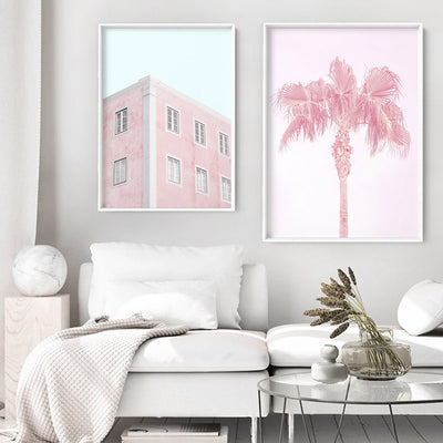 Palm Springs Pastels / Pretty in Pink Apartments - Art Print, Poster, Stretched Canvas or Framed Wall Art, shown framed in a home interior space