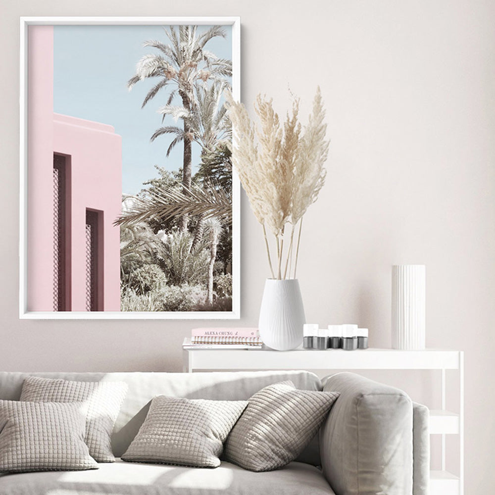 Palm Springs Pastels / Pretty in Pink Resort - Art Print, Poster, Stretched Canvas or Framed Wall Art, shown framed in a room