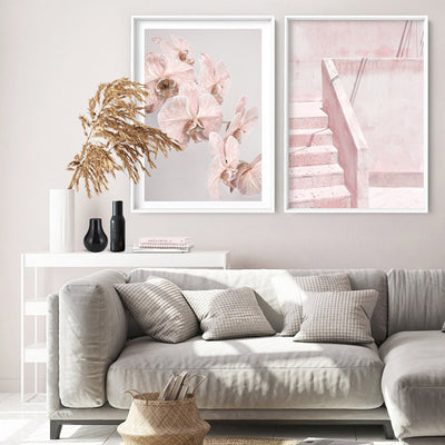 Palm Springs Pastels / Pink Terrazzo Stairs - Art Print, Poster, Stretched Canvas or Framed Wall Art, shown framed in a home interior space