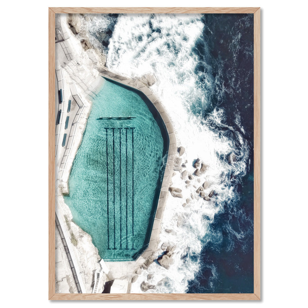 Bronte Rock Pool Aerial II - Art Print, Poster, Stretched Canvas, or Framed Wall Art Print, shown in a natural timber frame