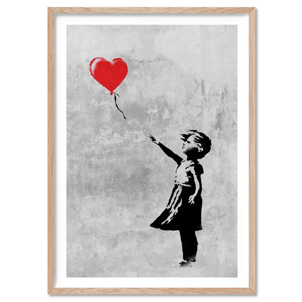 Girl With Red Balloon - Art Print, Poster, Stretched Canvas, or Framed Wall Art Print, shown in a natural timber frame