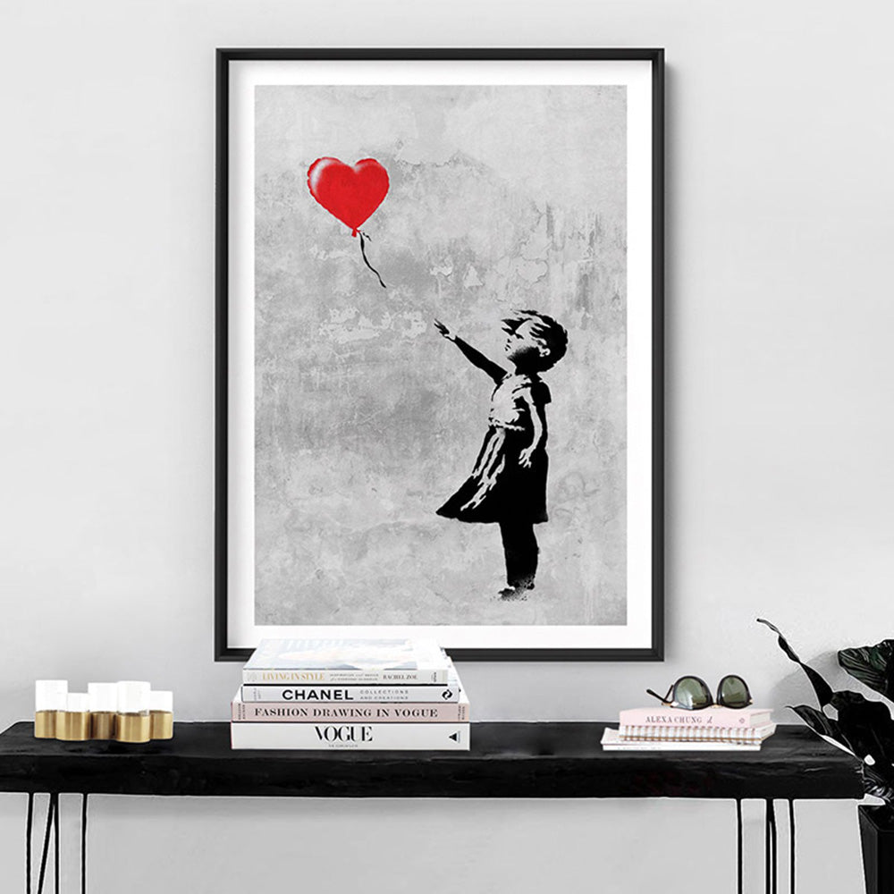 Girl With Red Balloon - Art Print, Poster, Stretched Canvas or Framed Wall Art, shown framed in a room