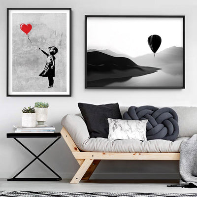 Girl With Red Balloon - Art Print, Poster, Stretched Canvas or Framed Wall Art, shown framed in a home interior space