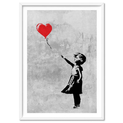 Girl With Red Balloon - Art Print, Poster, Stretched Canvas, or Framed Wall Art Print, shown in a white frame