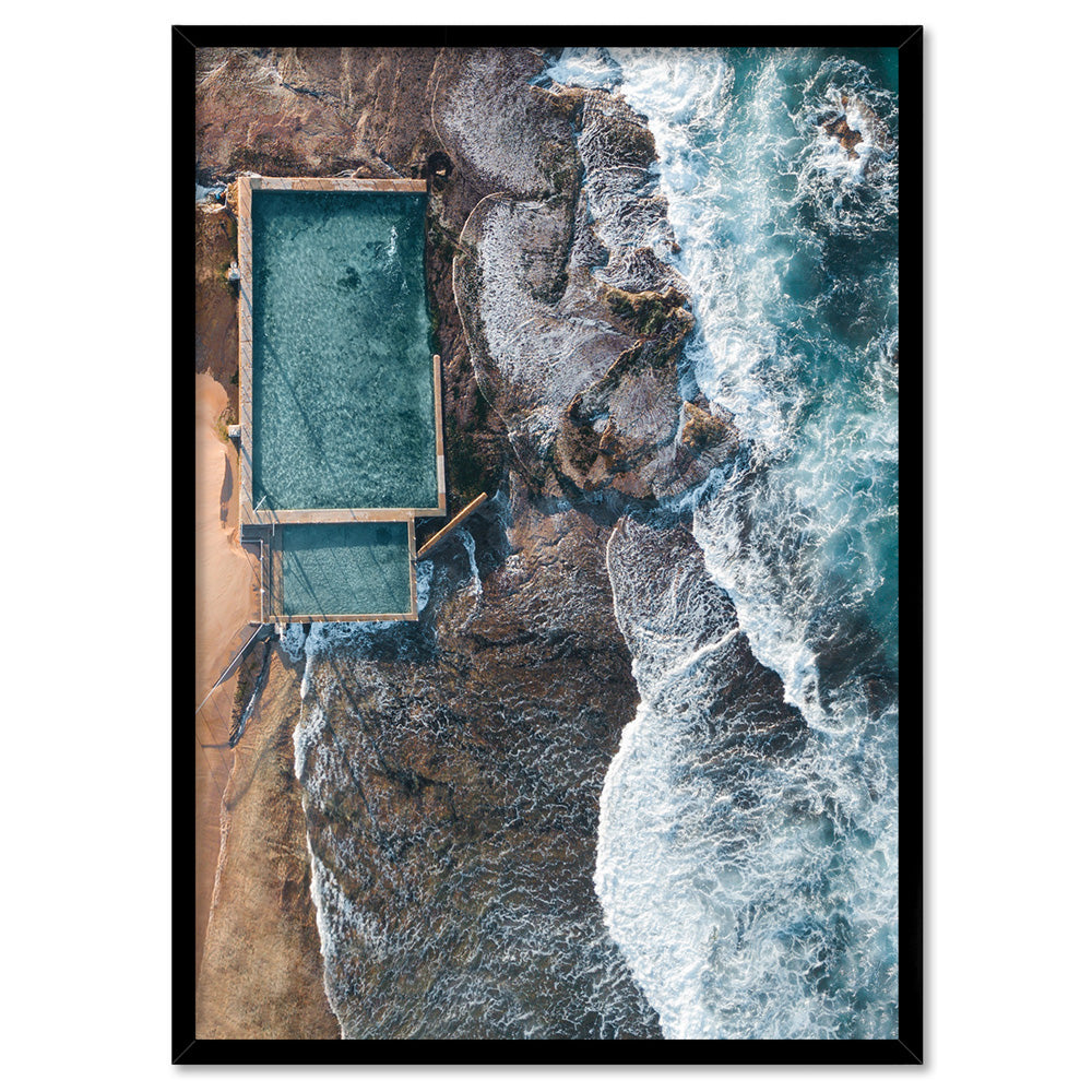 Mona Vale Beach & Rock Pool - Art Print, Poster, Stretched Canvas, or Framed Wall Art Print, shown in a black frame