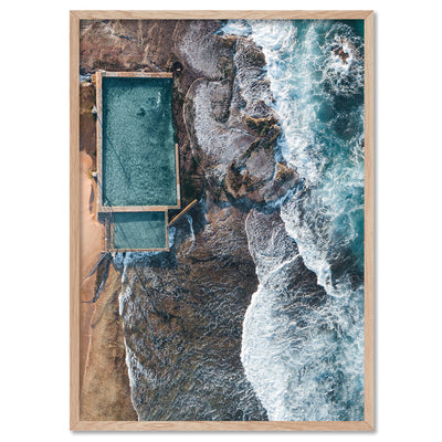 Mona Vale Beach & Rock Pool - Art Print, Poster, Stretched Canvas, or Framed Wall Art Print, shown in a natural timber frame