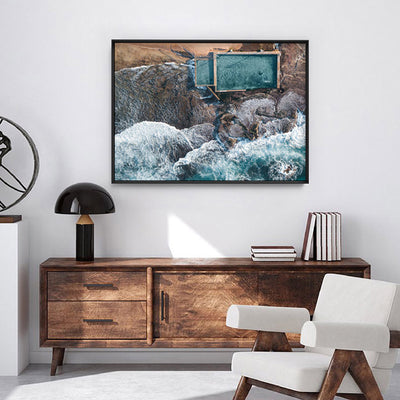 Mona Vale Beach & Rock Pool - Art Print, Poster, Stretched Canvas or Framed Wall Art, shown framed in a home interior space