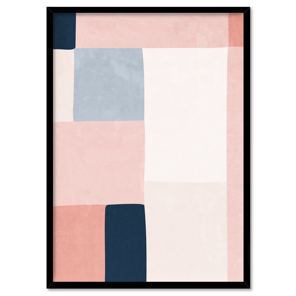 Abstract Blocks | Indigo & Blush III - Art Print, Poster, Stretched Canvas, or Framed Wall Art Print, shown in a black frame