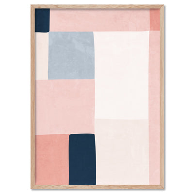 Abstract Blocks | Indigo & Blush III - Art Print, Poster, Stretched Canvas, or Framed Wall Art Print, shown in a natural timber frame