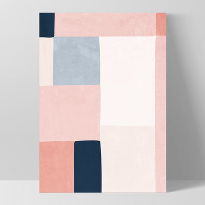 Abstract Blocks | Indigo & Blush III - Art Print, Poster, Stretched Canvas, or Framed Wall Art Print, shown as a stretched canvas or poster without a frame