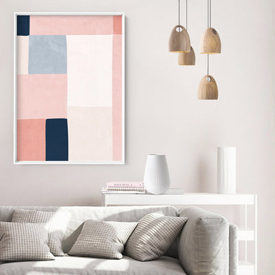 Abstract Blocks | Indigo & Blush III - Art Print, Poster, Stretched Canvas or Framed Wall Art, shown framed in a room