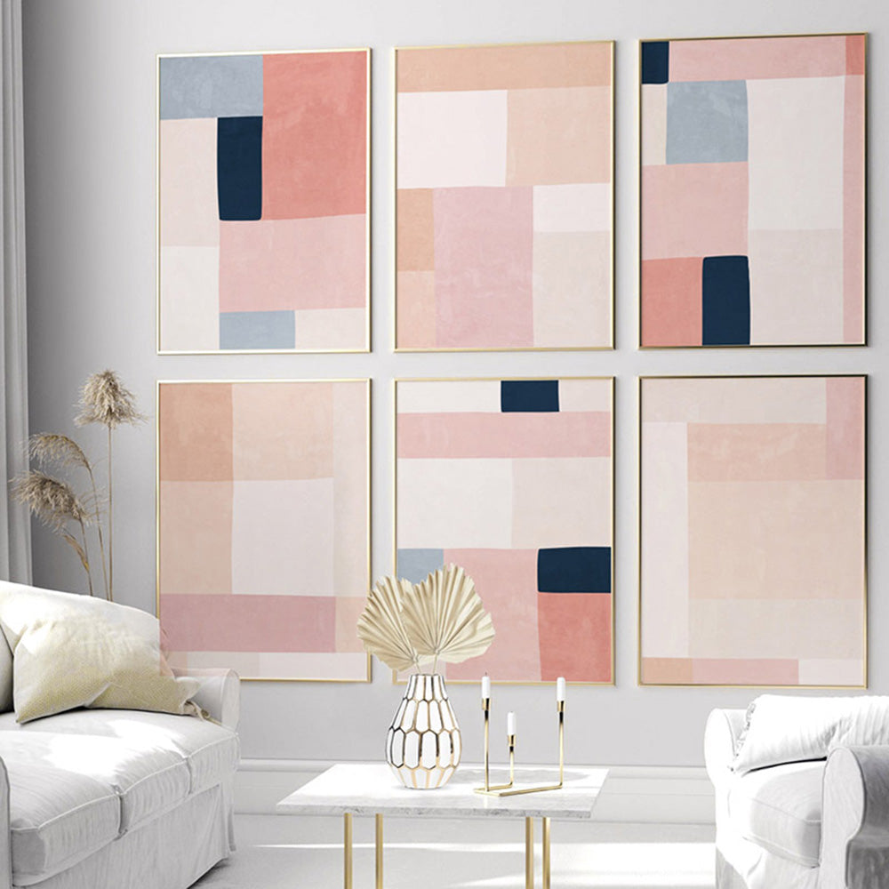 Abstract Blocks | Indigo & Blush III - Art Print, Poster, Stretched Canvas or Framed Wall Art, shown framed in a home interior space