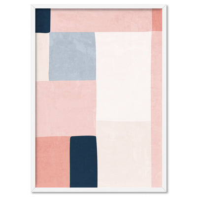 Abstract Blocks | Indigo & Blush III - Art Print, Poster, Stretched Canvas, or Framed Wall Art Print, shown in a white frame