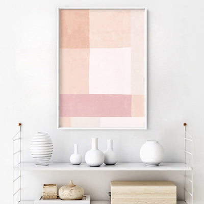Abstract Blocks | Boho Blush III - Art Print, Poster, Stretched Canvas or Framed Wall Art, shown framed in a room