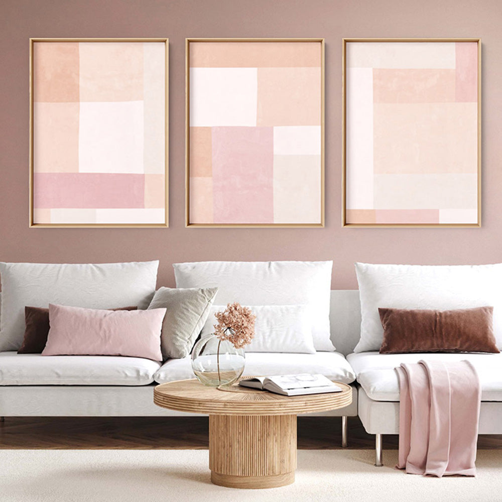 Abstract Blocks | Boho Blush III - Art Print, Poster, Stretched Canvas or Framed Wall Art, shown framed in a home interior space