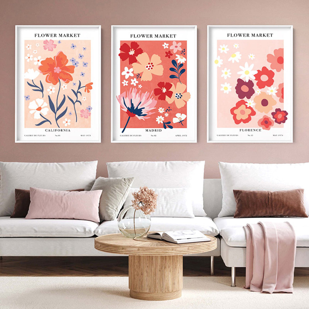 Flower Market | Madrid - Art Print, Poster, Stretched Canvas or Framed Wall Art, shown framed in a home interior space
