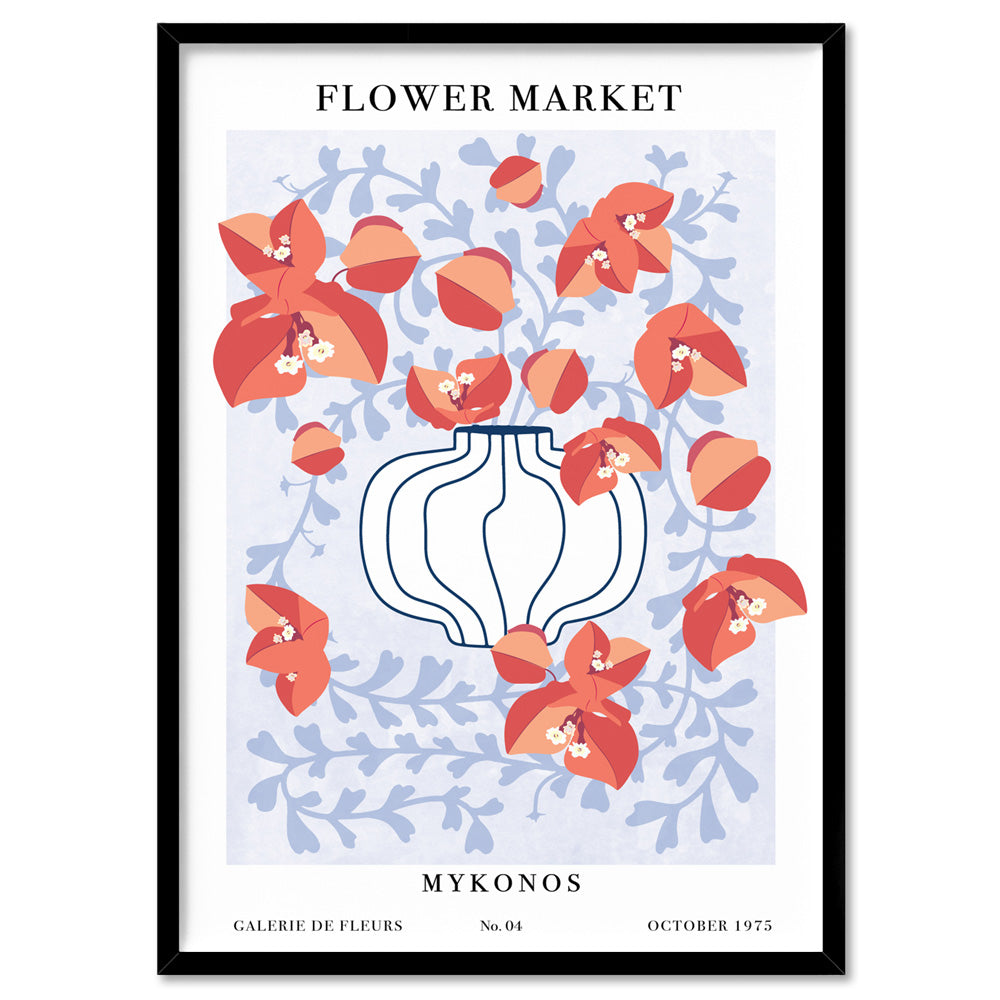 Flower Market | Mykonos - Art Print, Poster, Stretched Canvas, or Framed Wall Art Print, shown in a black frame