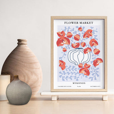 Flower Market | Mykonos - Art Print, Poster, Stretched Canvas or Framed Wall Art, shown framed in a room