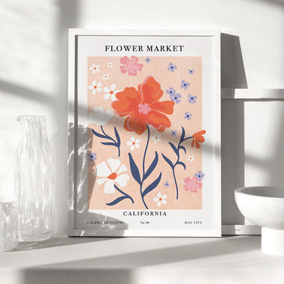 Flower Market | California - Art Print, Poster, Stretched Canvas or Framed Wall Art, shown framed in a room