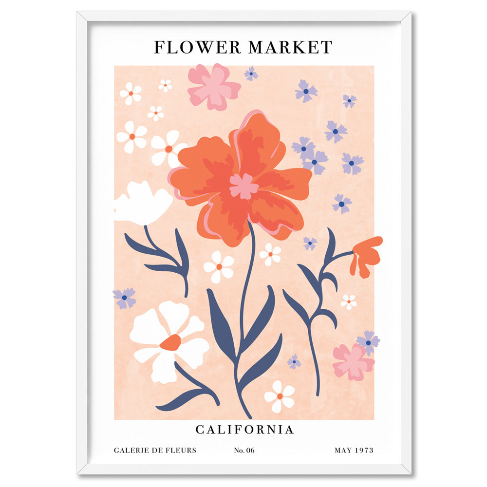 Flower Market | California - Art Print, Poster, Stretched Canvas, or Framed Wall Art Print, shown in a white frame