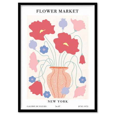 Flower Market | New York - Art Print, Poster, Stretched Canvas, or Framed Wall Art Print, shown in a black frame