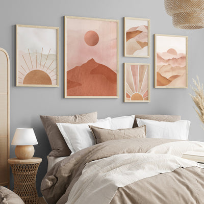 Boho Sunrise in Watercololur I - Art Print, Poster, Stretched Canvas or Framed Wall Art, shown framed in a home interior space