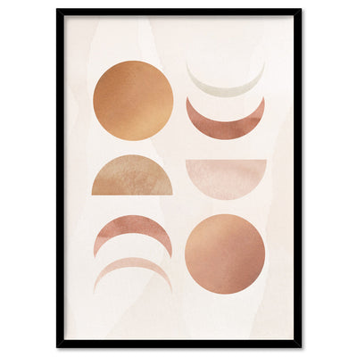 Boho Sun Moon Phases in Watercololur I - Art Print, Poster, Stretched Canvas, or Framed Wall Art Print, shown in a black frame