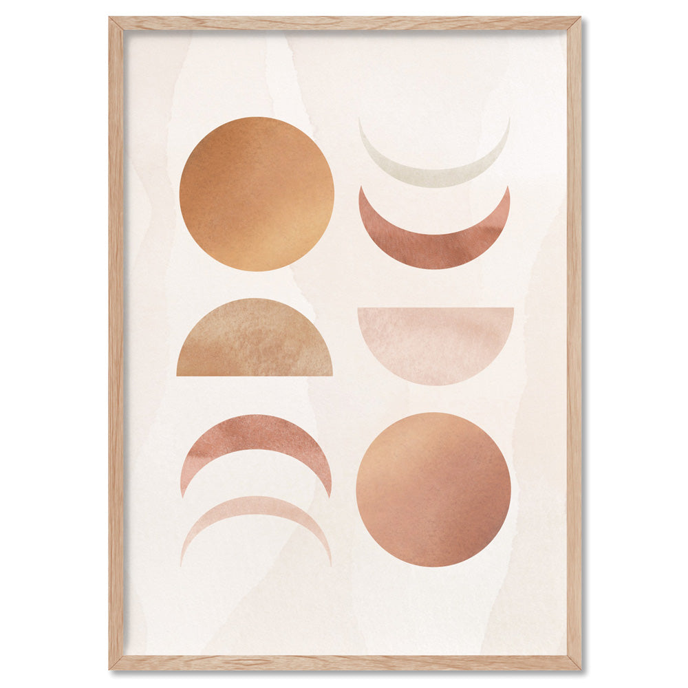Boho Sun Moon Phases in Watercololur I - Art Print, Poster, Stretched Canvas, or Framed Wall Art Print, shown in a natural timber frame