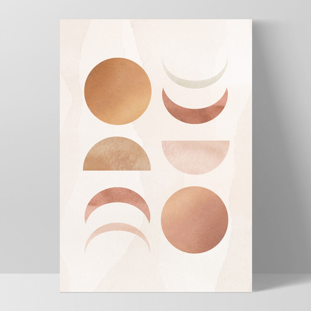 Boho Sun Moon Phases in Watercololur I - Art Print, Poster, Stretched Canvas, or Framed Wall Art Print, shown as a stretched canvas or poster without a frame