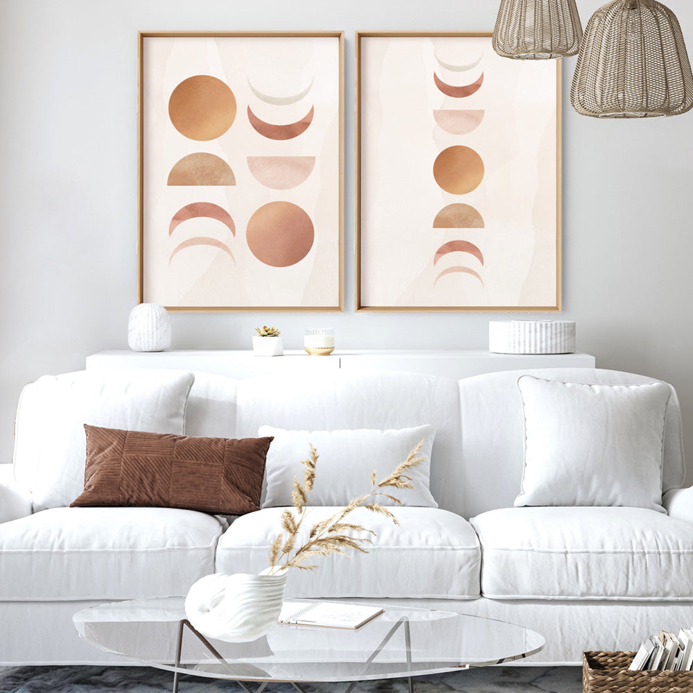 Boho Sun Moon Phases in Watercololur I - Art Print, Poster, Stretched Canvas or Framed Wall Art, shown framed in a home interior space