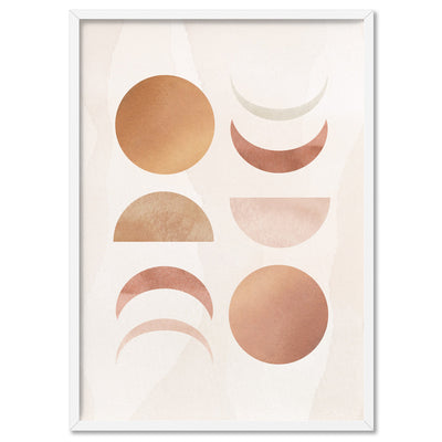 Boho Sun Moon Phases in Watercololur I - Art Print, Poster, Stretched Canvas, or Framed Wall Art Print, shown in a white frame