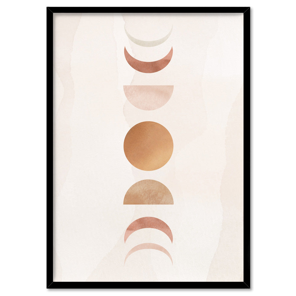 Boho Sun Moon Phases in Watercololur II - Art Print, Poster, Stretched Canvas, or Framed Wall Art Print, shown in a black frame