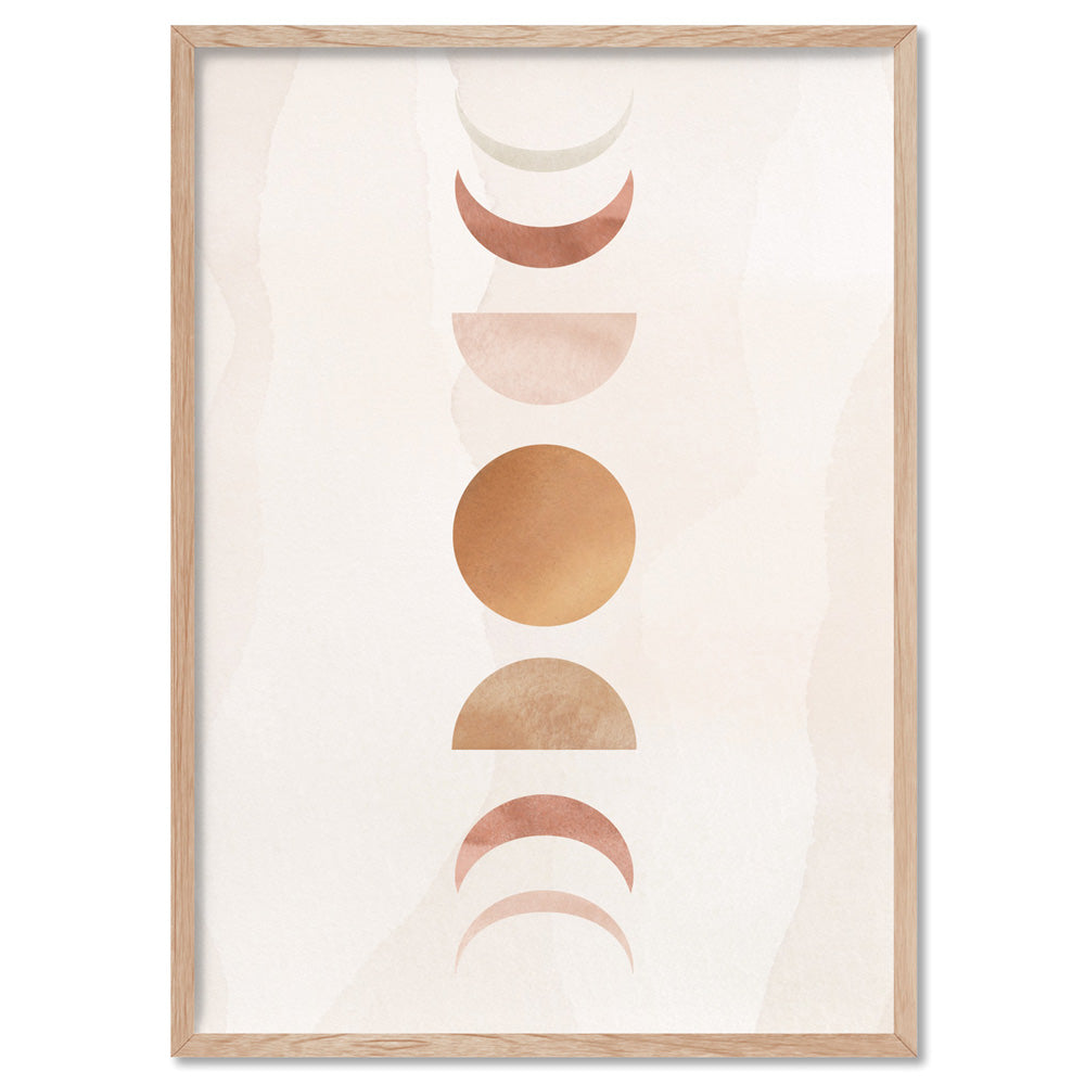 Boho Sun Moon Phases in Watercololur II - Art Print, Poster, Stretched Canvas, or Framed Wall Art Print, shown in a natural timber frame