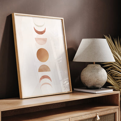 Boho Sun Moon Phases in Watercololur II - Art Print, Poster, Stretched Canvas or Framed Wall Art Prints, shown framed in a room