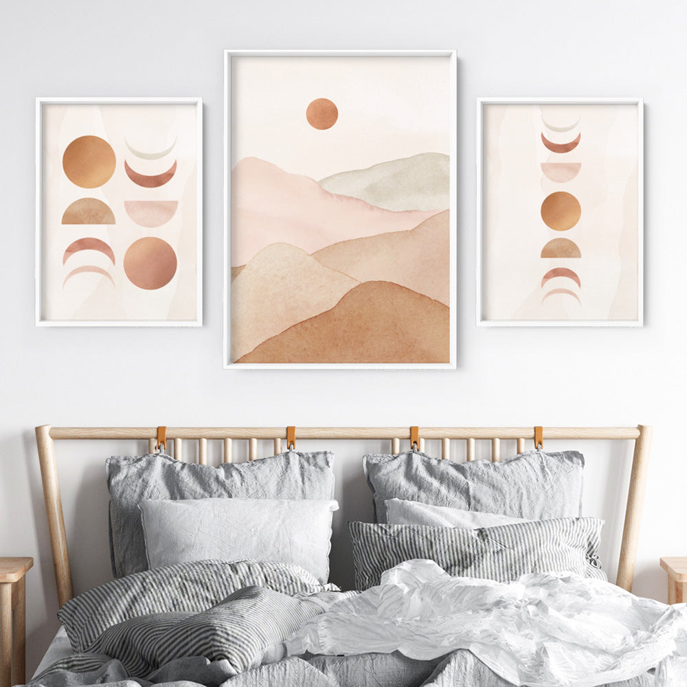 Boho Sun Moon Phases in Watercololur II - Art Print, Poster, Stretched Canvas or Framed Wall Art, shown framed in a home interior space