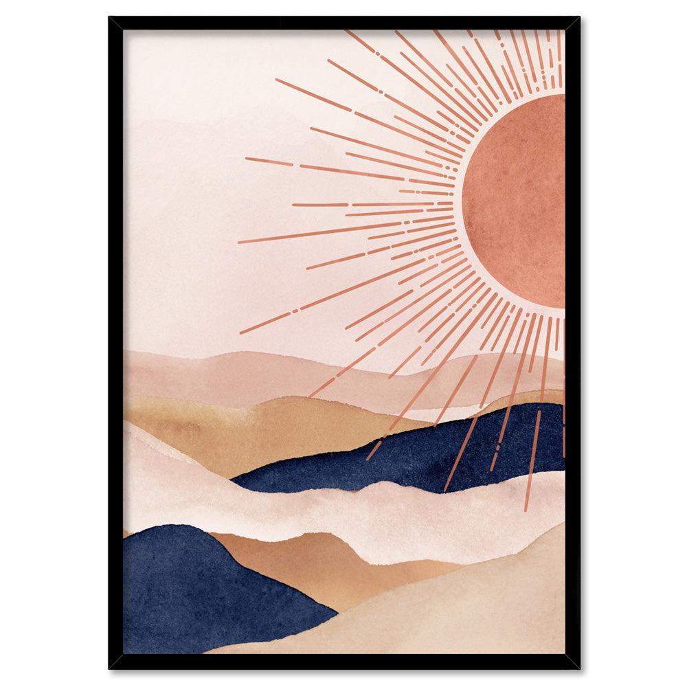Boho Sun in Watercololur - Art Print, Poster, Stretched Canvas, or Framed Wall Art Print, shown in a black frame