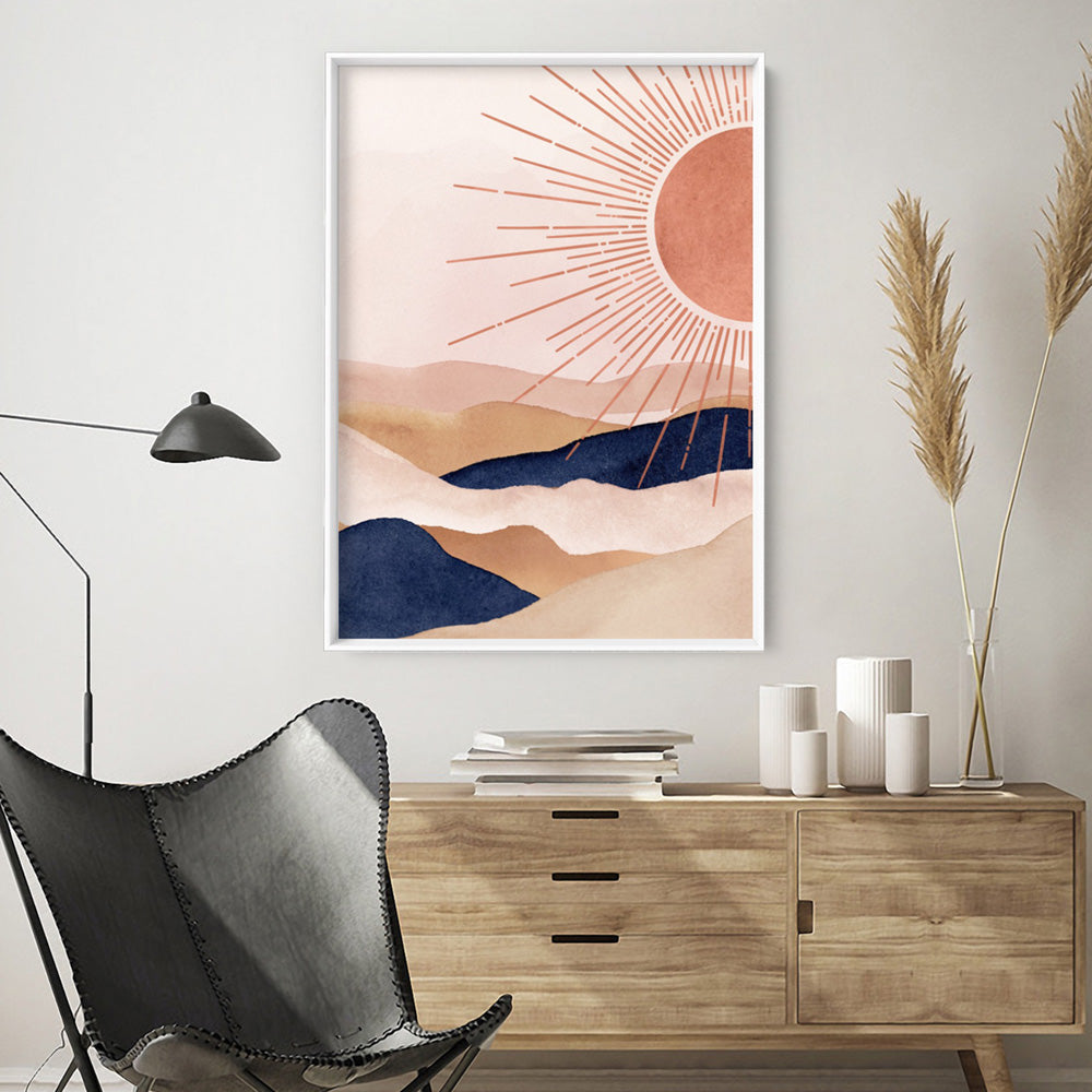 Boho Sun in Watercololur - Art Print, Poster, Stretched Canvas or Framed Wall Art Prints, shown framed in a room