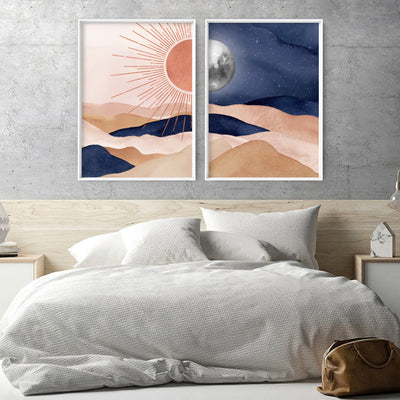 Boho Sun in Watercololur - Art Print, Poster, Stretched Canvas or Framed Wall Art, shown framed in a home interior space