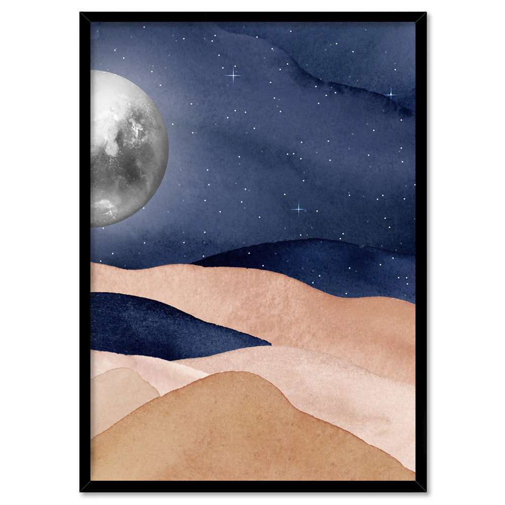 Boho Moon in Watercololur - Art Print, Poster, Stretched Canvas, or Framed Wall Art Print, shown in a black frame