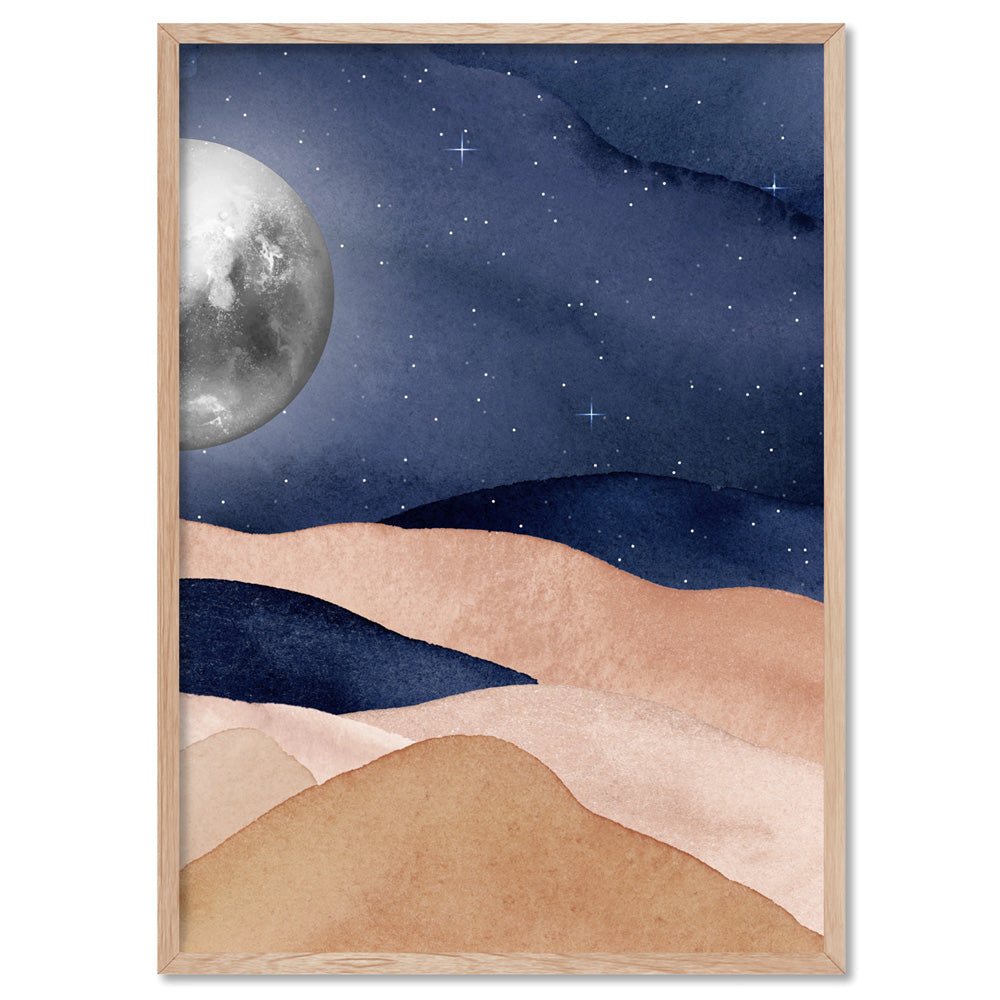 Boho Moon in Watercololur - Art Print, Poster, Stretched Canvas, or Framed Wall Art Print, shown in a natural timber frame