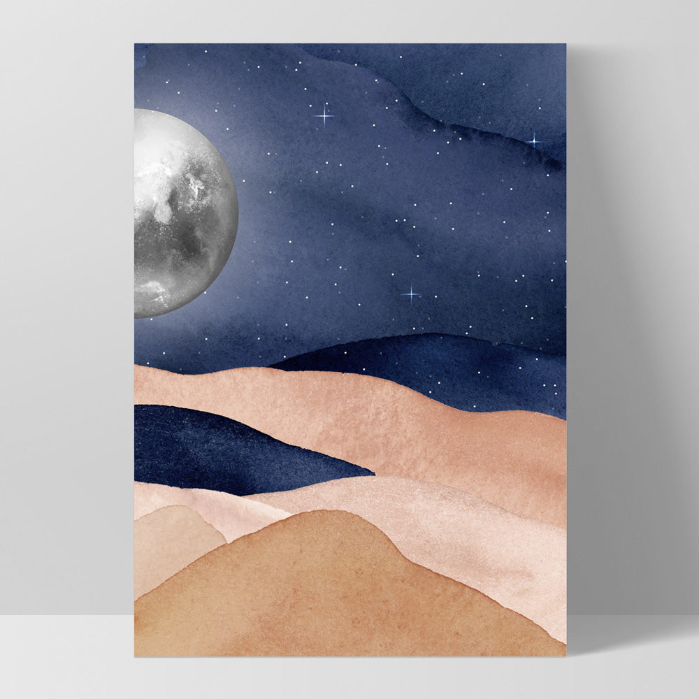 Boho Moon in Watercololur - Art Print, Poster, Stretched Canvas, or Framed Wall Art Print, shown as a stretched canvas or poster without a frame