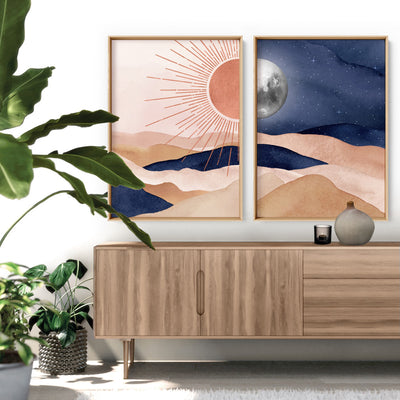 Boho Moon in Watercololur - Art Print, Poster, Stretched Canvas or Framed Wall Art, shown framed in a home interior space
